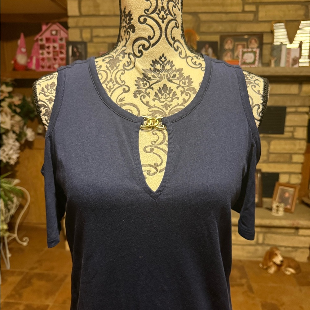 Michael Kors Women's Navy Cold-Shoulder Keyhole Tee - Picture 2 of 6